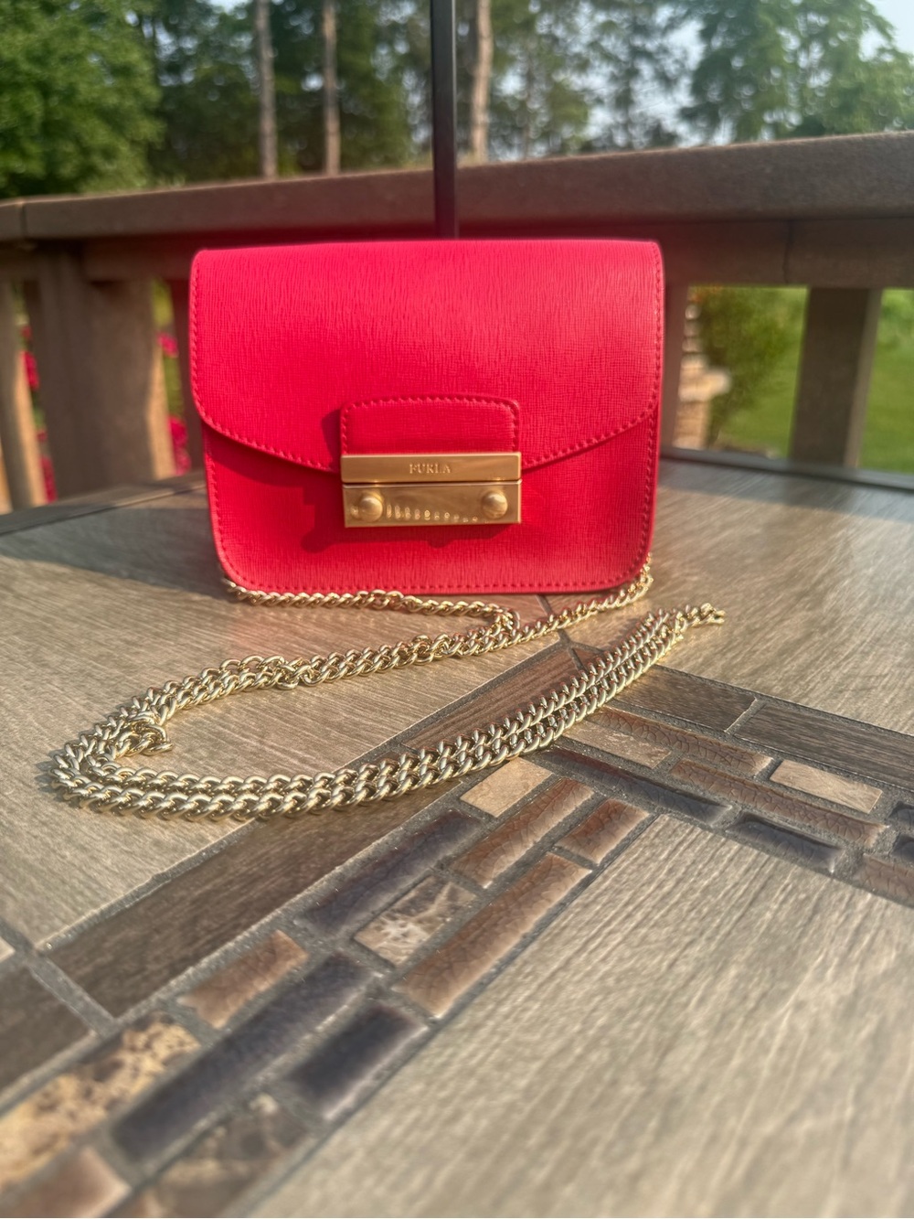 EUC Furla Mini Julia Saffiano Leather Ruby Red Crossbody Bag